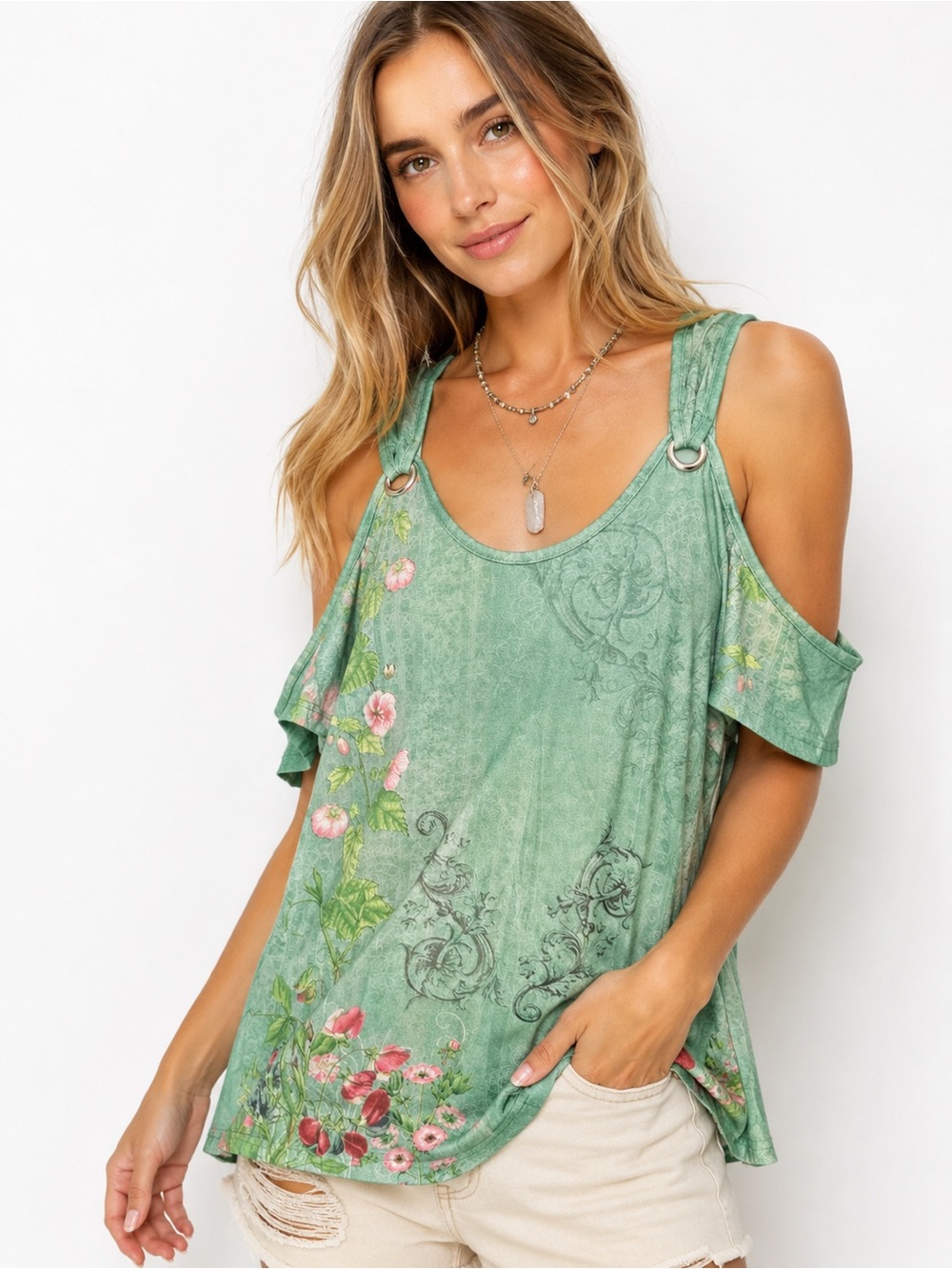 Cold-Shoulder Floral Tank Top in Sage Green